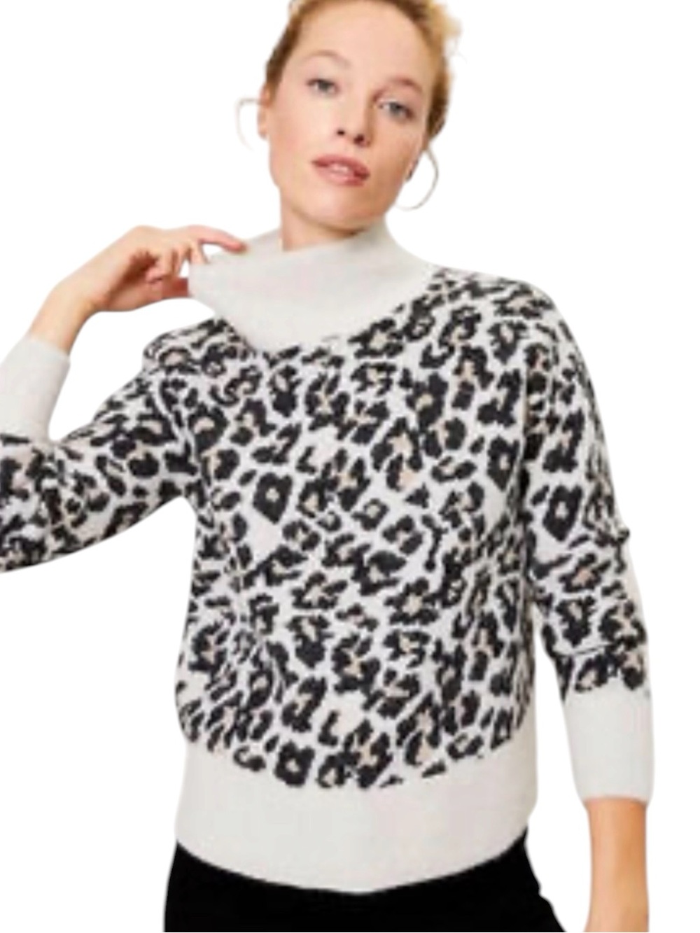 LOFT Tan Leopard Print Knit High Neckline Pullover Sweater Size Medium